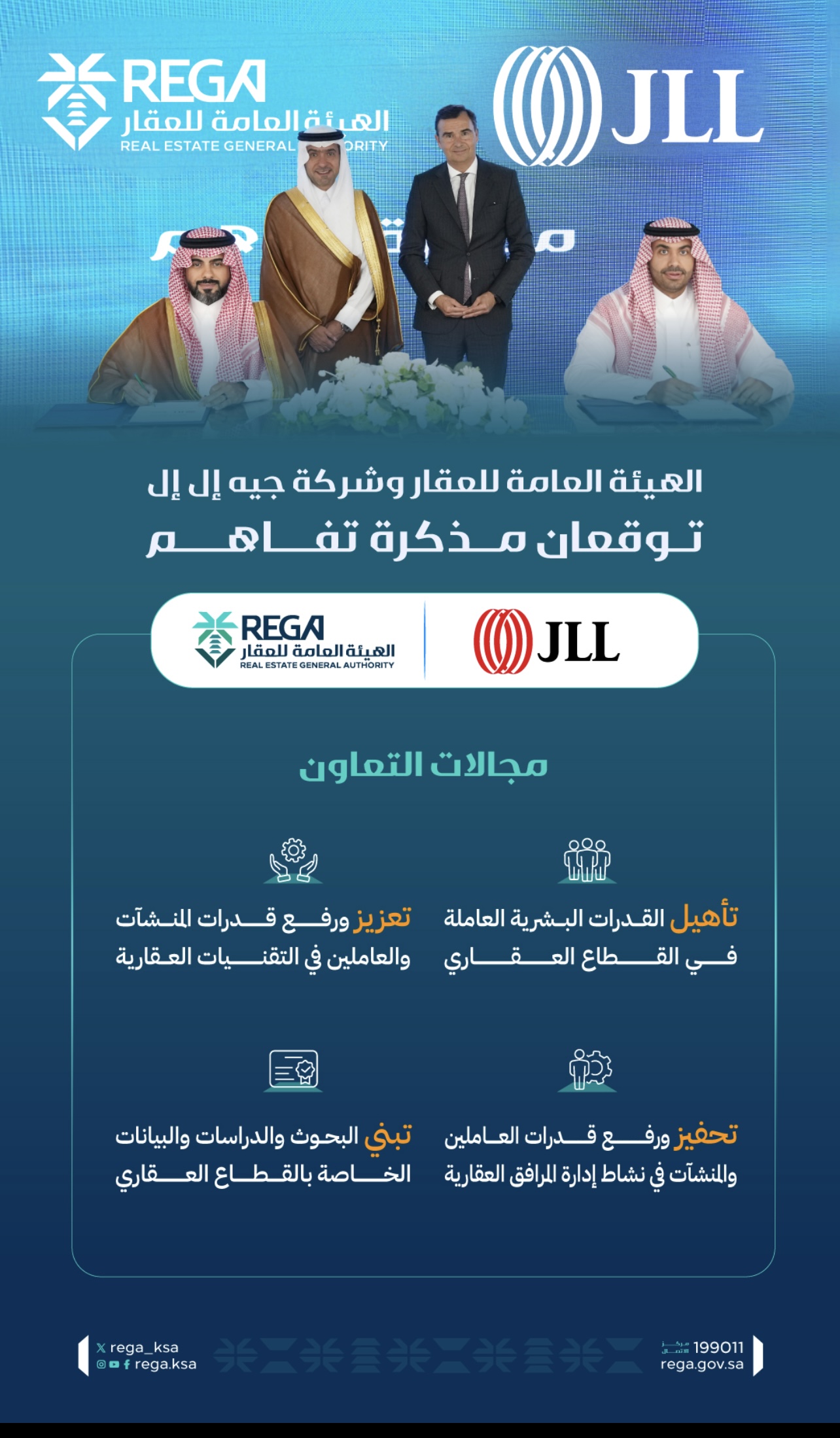 خبر‬⁩ ⁧هيئةالعقار‬⁩توقع مذكرة تفاهم مع شركة ” جيه إل إل ” لتبني الأبحاث والدراسات العقارية وتطوير الكوادر البشرية المتخصصة